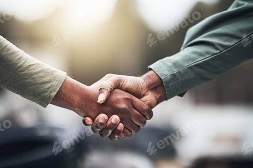 Preview: People, hands and handshake for agreement, deal or trust in partnership, unity or support on a blur