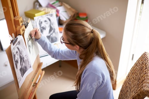 Preview: Side View Of Female Teenage Artist Sitting At Easel Drawing Picture Of Dog