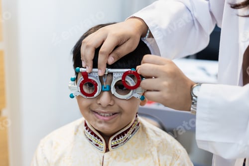 Preview: Happy Indian child boy examining eyesight modern ophthalmology equipment in clinic.