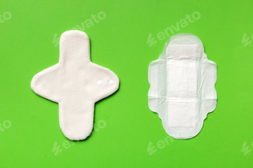 Preview: set of colorful bright reusable menstrual pads. zero waste woman periods concept top view