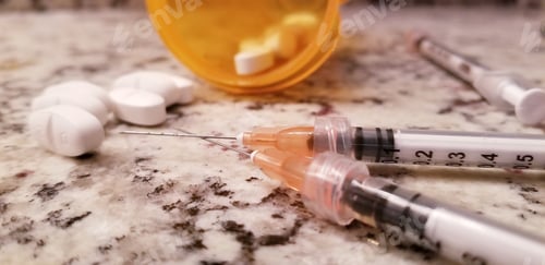 Preview: Chronic Illness: Background image of an almost empty prescription bottle needles and syringes