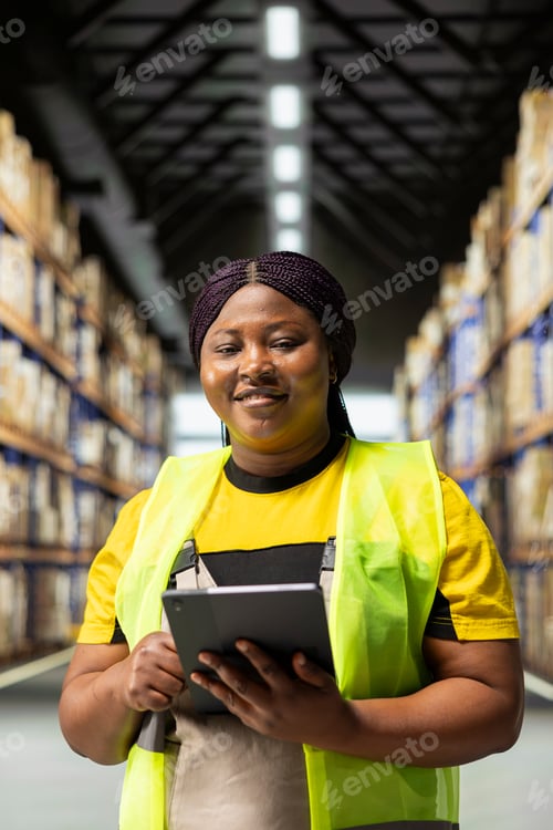 Preview: African american staff in workwear uses device to manage product handling