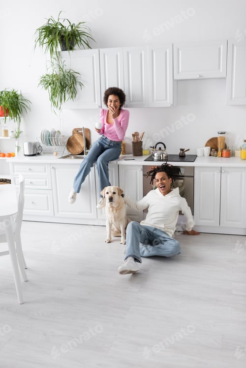 Preview: Positive african american couple looking at camera near labrador in kitchen