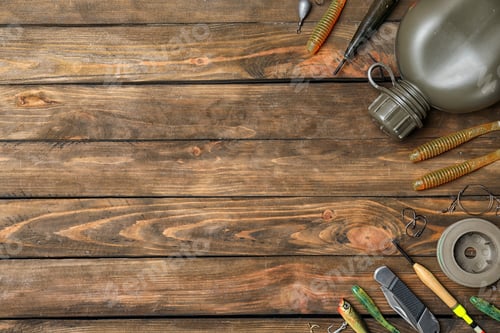 Preview: Flat lay composition with fishing equipment and space for text on wooden background