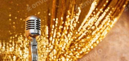 Preview: Silver retro icrophone against the background of a sparkling golden curtain
