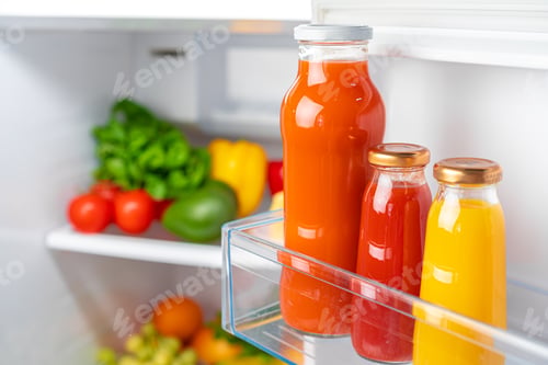 Preview: Glass bottle of juice on a fridge shelf