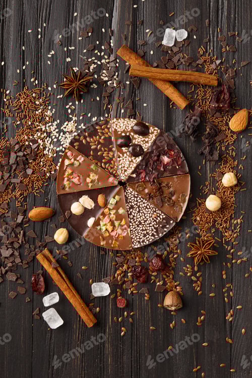 Vorschau: Schokopizza drauf? Holzhintergrund, Ansicht von oben