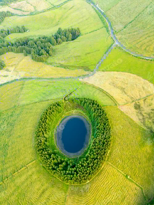 Preview: Pond Pau Pique and Lush Green Hills, Azores, Sao Miguel Island. Portugal. Aerial View