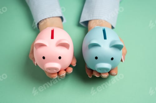 Preview: Pink and Blue Piggy Banks in Hand