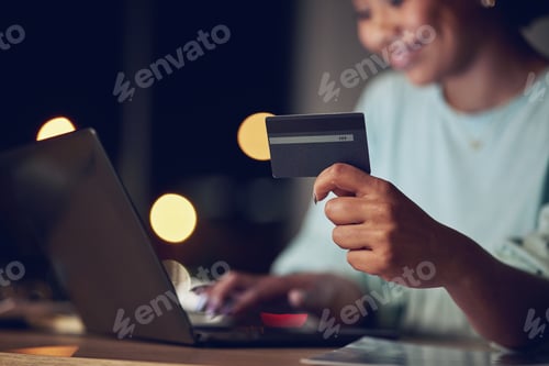 Preview: Business woman, credit card and laptop for online shopping, e commerce and financial loan or fintec