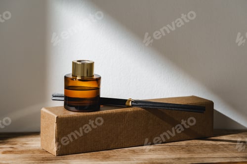 Preview: Elegant Reed Diffuser With Shadows on Wooden Surface in Soft Morning Light
