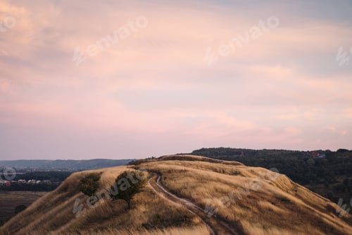 Preview: Beautiful hill covered with dry grass at sunset, colorful pastel sky.
