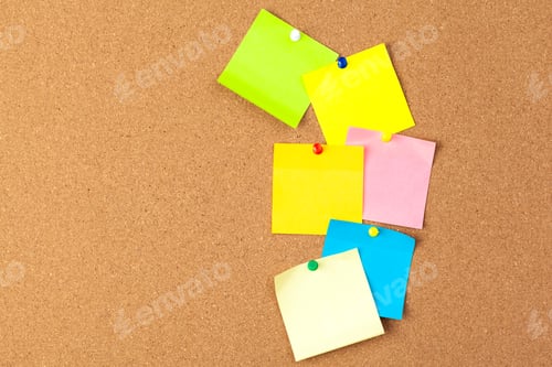 Preview: Cork board with several colorful blank notes with pins