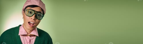 Preview: Stylish asian man brings charm to green studio with pink checkered shirt and cardigan