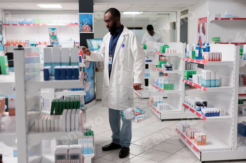 Preview: African american pharmacist checking nutritional supplements in drugstore shelf