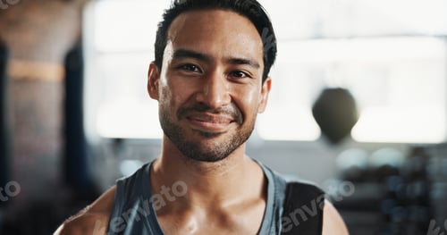 Preview: Man, sweat and portrait with pride for exercise, intense workout and wellness as bodybuilder. Male