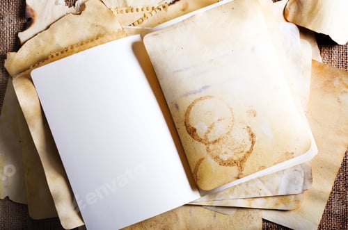 Preview: Vintage old papers, notes, pensil, on burlap, sackcloth background. Vintage and retro design effects