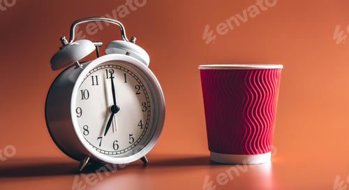 Preview: Alarm clock and paper disposable cup of coffee.