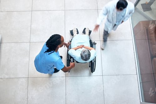 Preview: Wheelchair, hospital and patient above with nurse, helping and support with healthcare. Doctor, cli