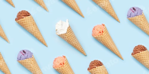 Ice Cream Cones with Different Flavors on Blue