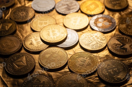 Preview: Cryptocurrency coin and bitcoin on golden background