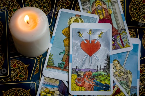 Preview: Assorted tarot cards scattered on a table, seamless pattern