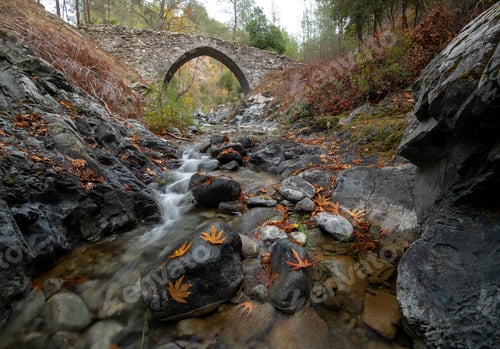 Preview: Medieval stoned bridge with water flowing in the river in autumn