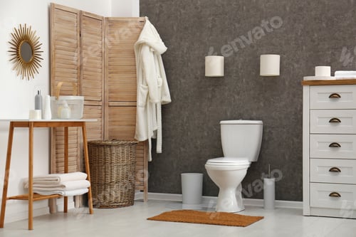 Preview: Ceramic toilet bowl in stylish bathroom. Idea for interior design