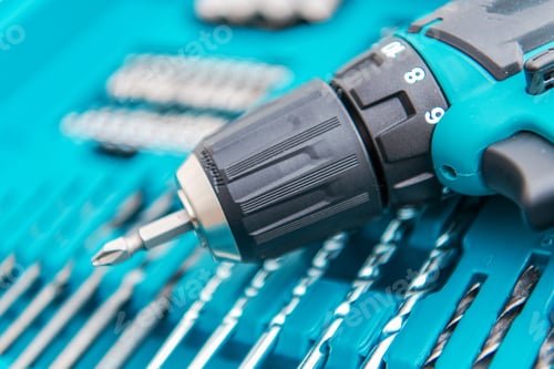 Preview: Power Drill and Bits in Teal Carrying Case