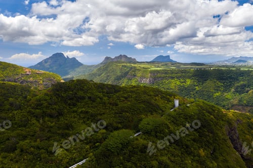 Preview: Mountain Landscape of the gorge on the island of Mauritius, Green mountains of the jungle of
