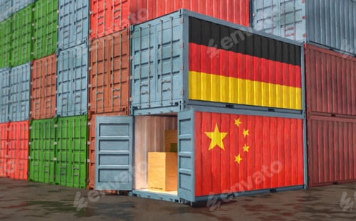 Preview: Stacks of Freight containers. German and China flag.