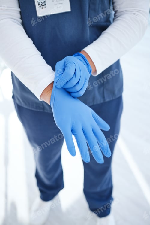 Preview: Gloves, hospital and hands of doctor for surgery, medicine and working in clinic for wellness. Heal