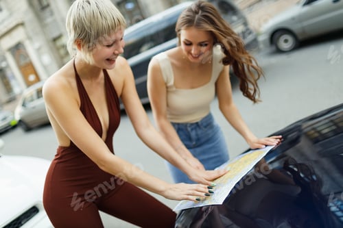 Preview: Happy young two women tourist travelers with paper map at rental car vehicle is exploring new city.