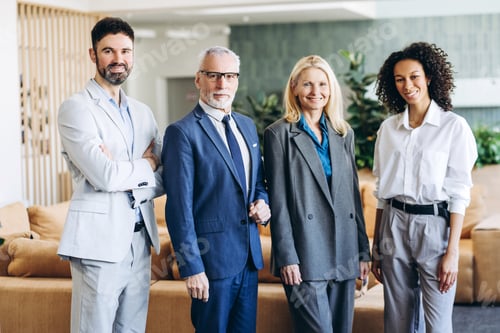 Preview: Professional multiracial business team smiling together in modern office lobby