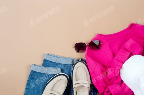 Preview: Blue jeans, beige suede loafer or flat shoes lying and sunglasses on beige background.