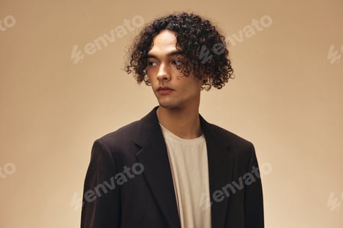 Preview: Serious stylish awesome tanned curly man in classic brown jacket posing isolated on over beige