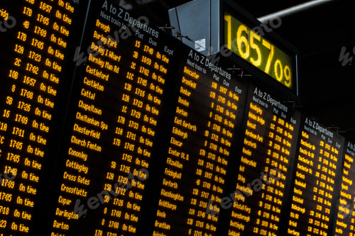 Preview: An electronic train station information board and clock Showing departure arrival times and delays