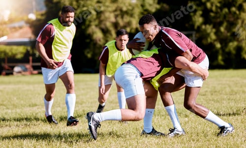Preview: Fitness, rugby and team on field, match and training for wellness, healthy lifestyle and endurance.