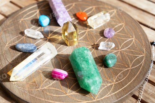 Preview: Healing crystals on brown background