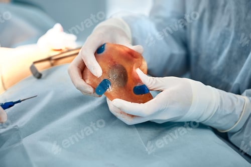 Preview: Damaged female breast implant, close-up, the doctor's hands hold the spoiled ispander delivered
