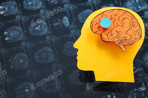 Preview: MRI images or magnetic resonance imaging with paper human head and brain.