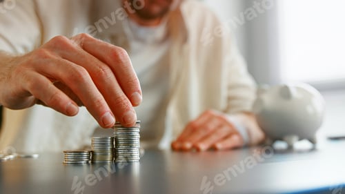 Preview: Blurry guy bank white collar gathers silver coins in piles on office table with piggy bank