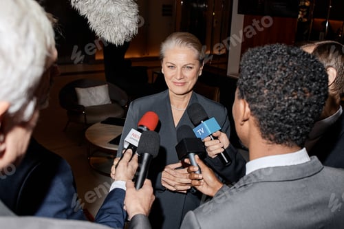 Preview: Caucasian Middle Aged Woman Smiling While Answering Questions from Journalists