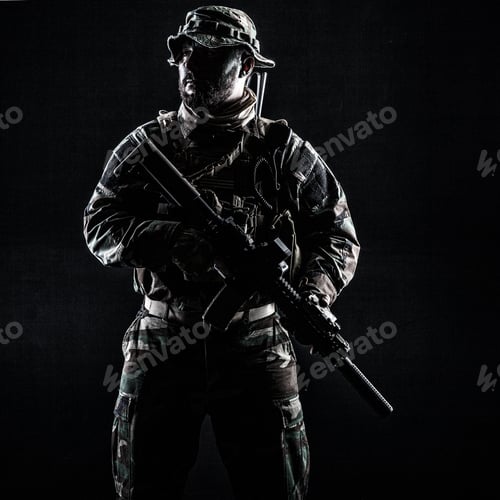 Preview: Soldier in Camouflage Uniform Standing with Assault Rifle