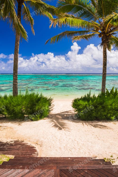 Preview: Tropical island, with white sandy beach, palm trees and beautiful blue Pacific Ocean, Cook Islands