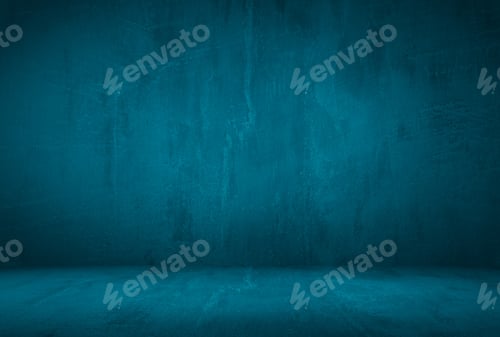 Preview: Vintage grunge blue concrete texture studio wall background with vignette.