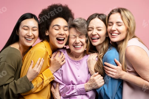 Preview: Five cheerful multi-ethnic women laughing and embracing each other