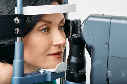 Preview: Woman getting vision test with binocular slit-lamp at ophthalmology clinic. Checking retina of