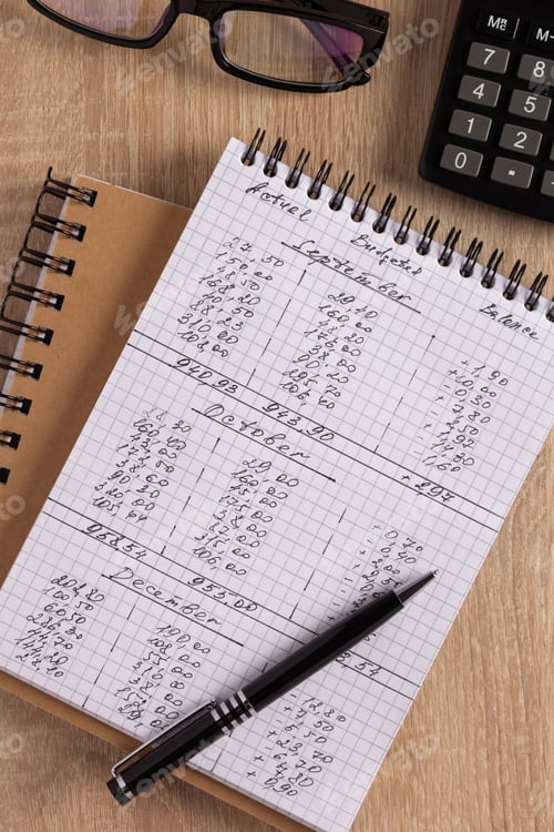Preview: Business accounting workplace and stationary supplies on desk table background