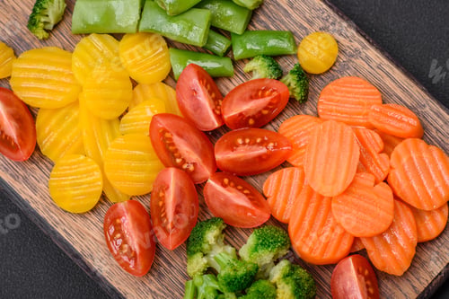 Preview: Salad of fresh and steamed vegetables cherry tomatoes, broccoli and carrots